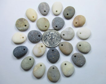 BEACH STONE 13 mm Beads 22 Top Drilled Pendants Brown Black Grey Khaki White Surf Tumbled Natural Beach Stones Rock Jewelry Bead  Peb 2087