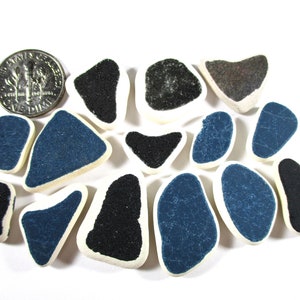 GENUINE BEACH SEA Tile Shards 14 Blue Black Real Surf Tumbled Natural Unaltered Beach Found Art Craft Mosaic Ceramic Jewelry Beads U 1704