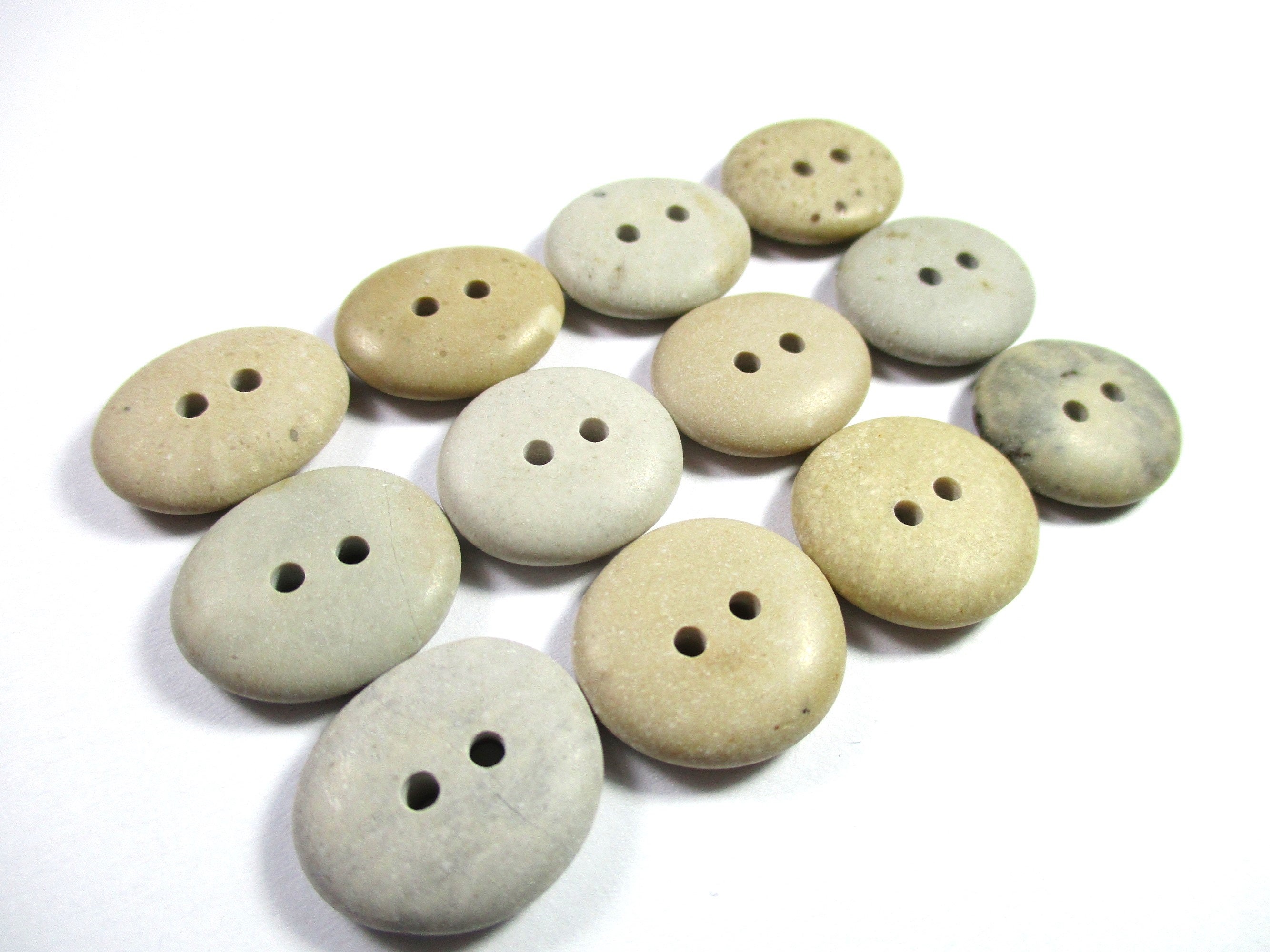 Rectangular Stone Button BEACH STONE 16mm BUTTONS 12 Flawless Two Hole Beige Grey Brown Real ...