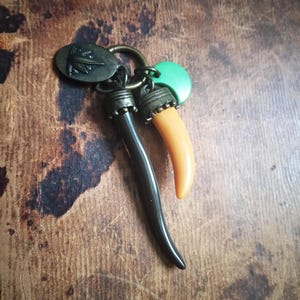 May include: A collection of keychains featuring a variety of charms. The keychains include a black horn, an orange horn, a green disc, and an oval charm with a design. The keychains are attached to a brass ring.