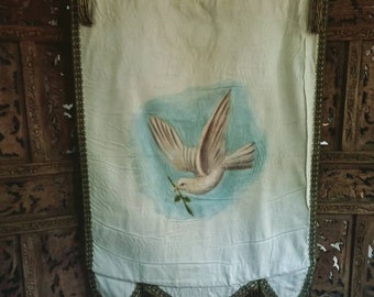 Hand painted antique Daughters of Rebekah silk embroidered banner of dove.