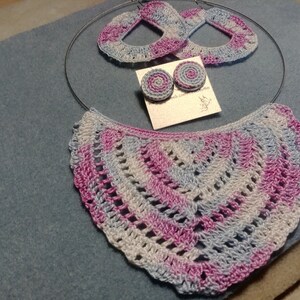 Crocheted set jewelry necklace with two pairs of earrings drop stud earrings Summer cotton set jewelry for women boho style multicolor