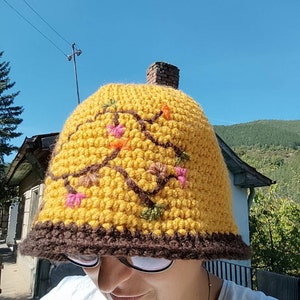 Ocher crochet women winter bucket hat, soft and comfortable every day hat