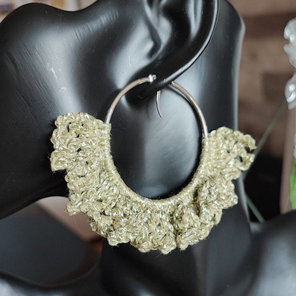 Hand crocheted fluffy hoop earrings olive green women jewelry for every day or special occasions