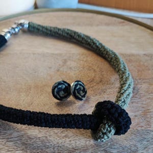 Crochet Necklace and Stud Earrings Set - Magnetic Clasp Necklace with Matching Studs, Hand Crochet Cord Necklace, Green -Black Jewellery Set