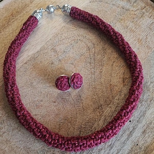 Crochet Necklace and Stud Earrings Set - Magnetic Clasp Necklace with Matching Studs, Hand Crochet Cord Necklace, Burgundy Jewellery Set
