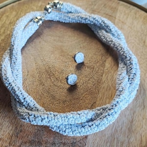 Handmade Light Grey Crochet Jewelry Set , Versatile Necklace and Stud Earrings with Sparkle Thread, Hand crochet jewelry