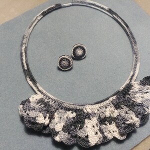 Crocheted jewelry set necklace with stud earrings,  black white gray stylish jewelry set, cotton jewelry kit