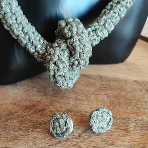 Handmade Crochet Necklace and Earrings Set - Magnetic Clasp Necklace with Matching Studs, Olive&#39;s green jewellery