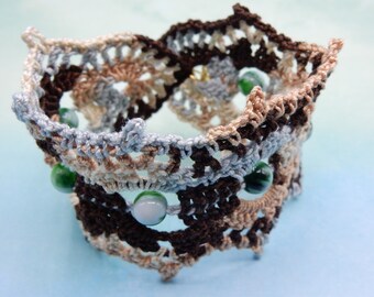 Lace Cuff Bracelet Crocheted Earth Tones Green Glass Beads