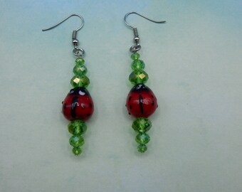 Ladybug Earrings Lampwork Crystal Green