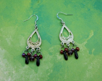 Earrings Chandelier Filigree Maroon and Black