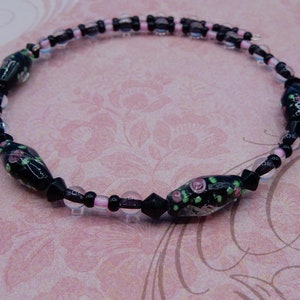 Floral Lampwork Bead Choker Glass Beads Seed Beads Pink and Black