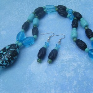 Blue and Black Beaded Necklace and Earring Set