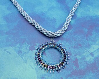 Necklace Beadwork pendant kumihimo Silver Blue Purple