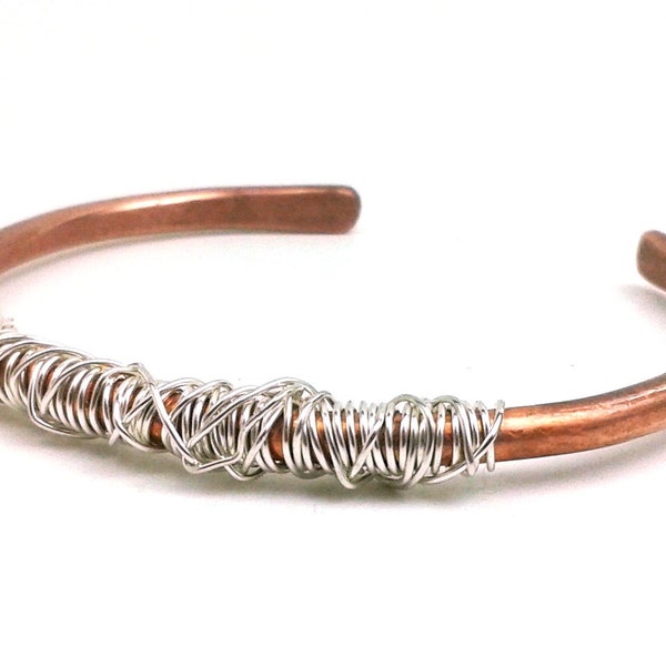 Women's Copper Wire Bracelet Cuff - Sterling Silver Wire Wrapped Bohemian Chic Contemporary Boho Modern Feminine Organic Earthy Forged