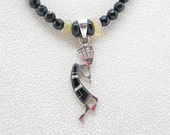Southwest Kokopelli Necklace, Native Made Sterling Silver Pendant, Beaded Onyx and Opal Necklace