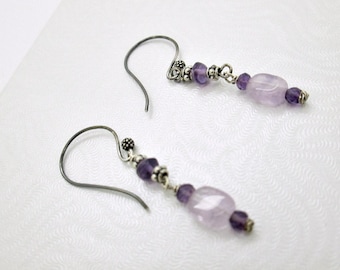 Dainty Amethyst Dangle Earrings, Sterling Silver Wires, Lavender Amethyst