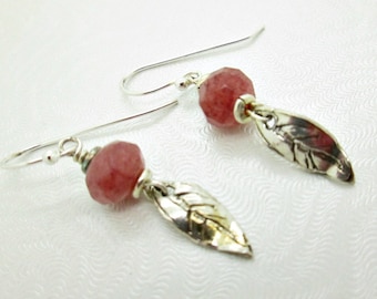 Dainty Leaf Drop Earrings, Muscovite Gemstone Earrings, Sterling Silver Earrings