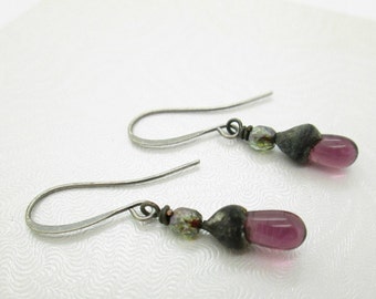 Tiny Boho Purple Glass Dangle Earrings
