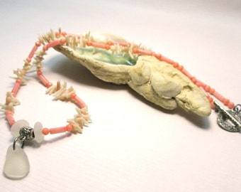 Pink Coral Necklace with White Sea Glass Summer Necklace