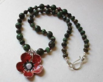 Rustic Beaded Necklace, Flower Pendant Necklace, Ruby in Zoisite Necklace, Casual Flower Necklace