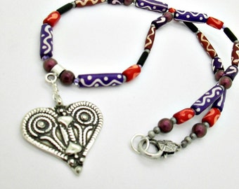 African Tribal Heart Necklace, Ethnic Beaded Necklace, African Heart Necklace