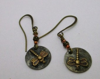 Tiny Disc Dragonfly Earrings, Artisan Made Dragonfly, Dragonfly Dangle Earrings, 1 1/2"