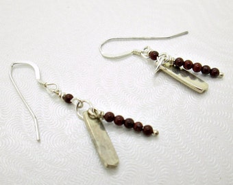 Tiny Red Jasper Drop Earrings, Dainty Bar Earrings, Sterling Silver Earrings