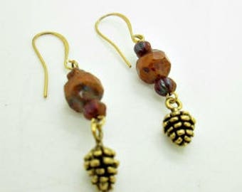 Pinecone Earrings, Autuman Pine Cone Earrings, Fall Earrings, Harvest Earrings, Brass Earrings