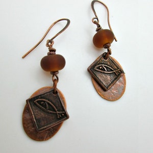 Primitive Copper Fish Dangle Earrings with Artisan Amber Lampwork Accent, Christian Fish Earrings