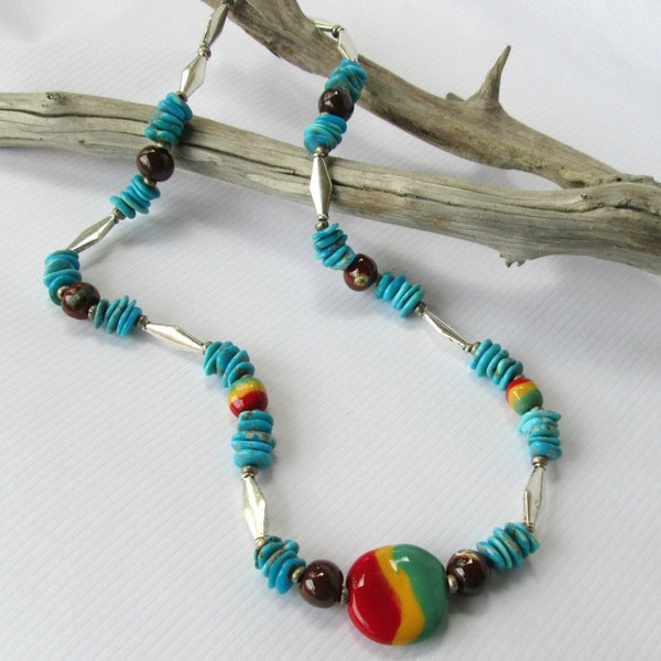 Natural Turquoise Necklace, Kingman Turquoisewith African Kazuri Bead Accents