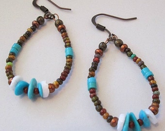 Turquoise beaded hoop earrings, genuine turquoise