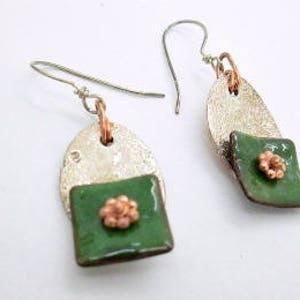 Casual Mixed Metal Dangle Earrings, Rustic Earrings, Green Enamel Earrings, Whimsical Dangle Earrings