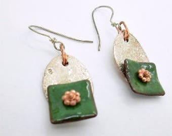 Casual Mixed Metal Dangle Earrings, Rustic Earrings, Green Enamel Earrings, Whimsical Dangle Earrings