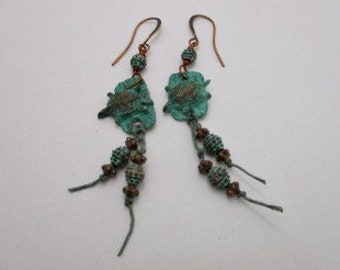 Sea Turtle Long, Dangly Boho Earrings, Boho Style Earrings, Patina Sea Turtle, 3 1/4" long