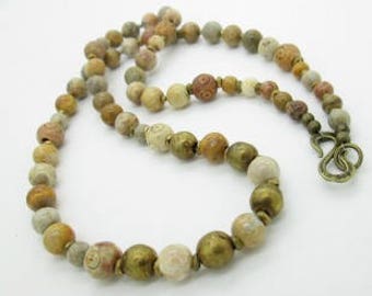 Rustic Fossil Coral and Brass Necklace, Taupe Necklace, Beaded Necklace, Casual Necklace