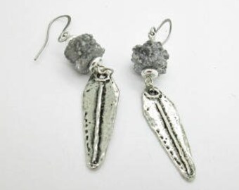 Druzy Spike Earrings, Silver Druzy Earrings, Pewter Charm Earrings