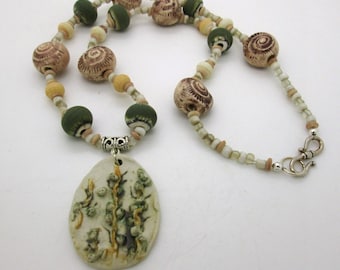 Ceramic Buds Pendant,  Summer Green and Natural Beaded Necklace, Women's Jewelry, Artisan Ceramic Pendant,