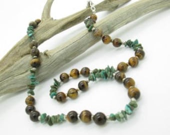 Rustic Beaded Necklace, Turquoise and Tiger Eye Necklace, Casual Necklace