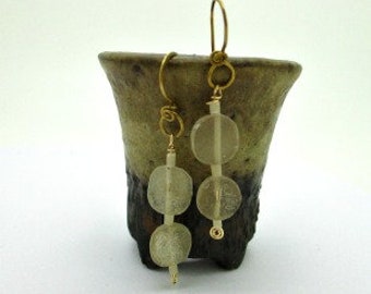 Glass Dangle Earrings, Ancient Roman Glass Earrings, Yellow Glass Earring, Artisan Brass Earring