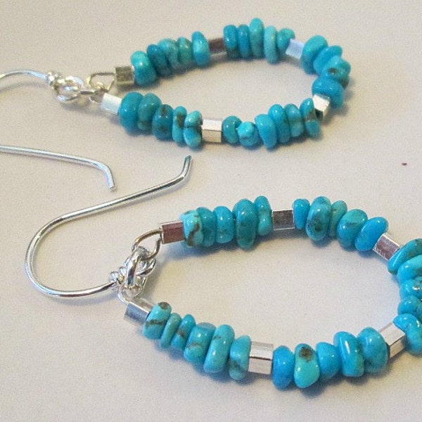 Genuine turquoise and sterling silver hoop earrings Summer Clearance 40% off