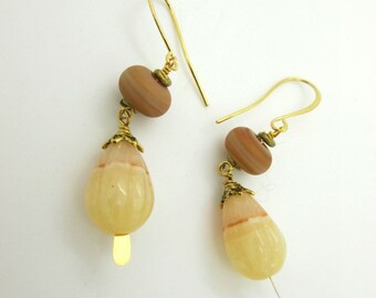 Yellow Agate Teardrop Dangle Earrings, with Artisan Lampwork Accent Bead
