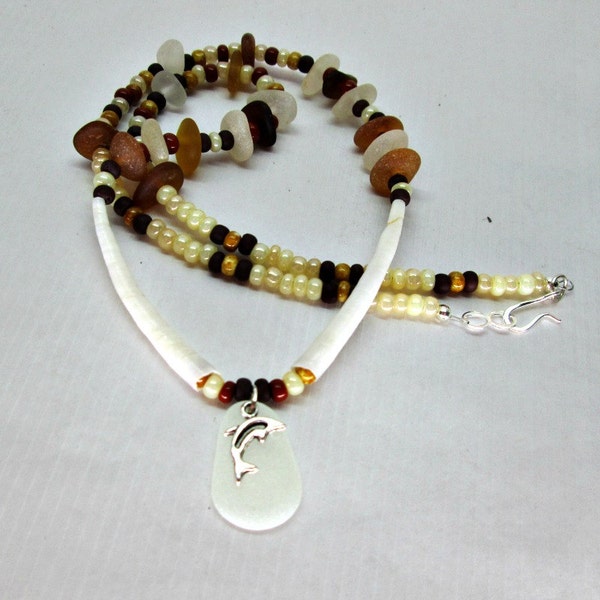 Boho Sea Glass Necklace with Tusk Shell
