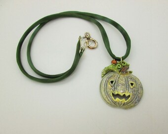 Autumn Pumpkin Silk Cord Necklace, Pumpkin Pendant Necklace, Green Halloween Pumpkin Necklace