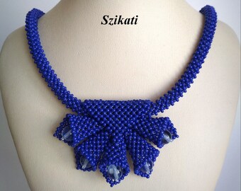 Royal Blue Beadwoven Pendant Necklace, Elegant Women's Accessory, OOAK Beaded High Fashion Jewelry, Gift for Her, RAW, Original Beadwork