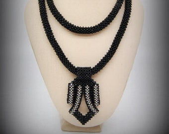 Black Gray Beadwoven Long Pendant Necklace, OOAK Beaded Women's Accessory, Original Seed Bead Art, High Fashion Jewelry, Unique Gift for Her