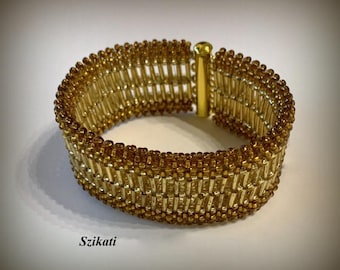 Gold Beadwoven Cuff Bracelet: Statement Fashion Jewelry, RAW Bead Art