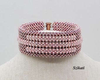 Beadwoven Cuff Bracelet: Light Purple & Rose Seed Bead Art