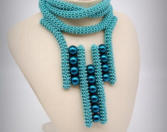 Turquoise Metal-free Beadwoven Long Necklace, Elegant Women's Accessory, OOAK Beaded Fashion Jewelry, Gift for Her, RAW, Original Beadwork